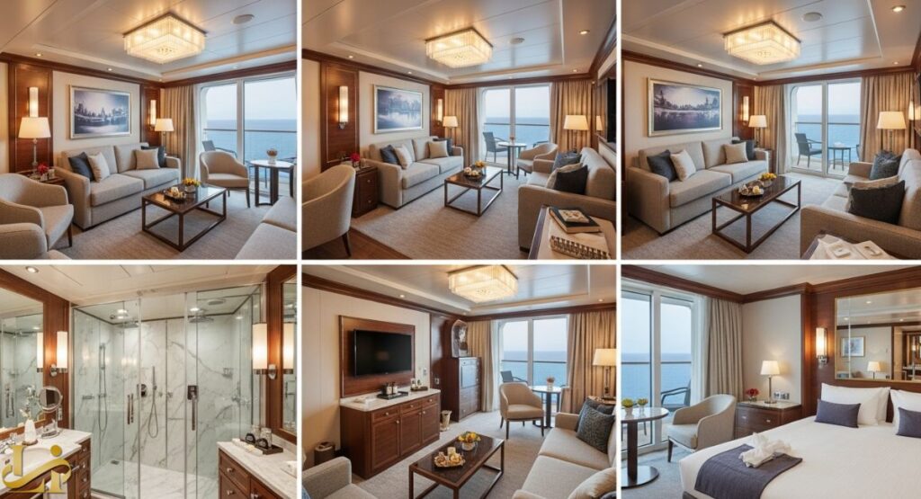 A collage of six images showing the luxurious interior of an MSC Yacht Club suite, including a spacious living room with large windows, a well-appointed bedroom, and a modern marble bathroom with a large glass shower.