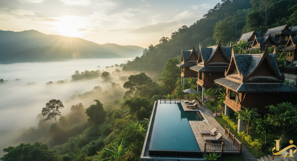An unforgettable sunrise view of a mist-filled mountain valley, where traditional Thai-style villas of one of the premier Luxury Resorts in Thailand are built on a steep ridge overlooking an infinity pool. Sunbeams break through the fog, illuminating the lush, dense jungle below.
