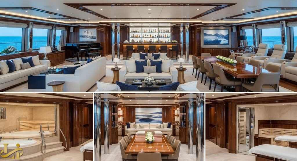 A collage showcasing the luxurious interior of the Octopus Yacht. The top image is a panoramic view of the main salon, featuring plush white and blue seating, extensive wood paneling, a full bar, a grand piano, and a formal dining area, all with large windows overlooking the ocean.