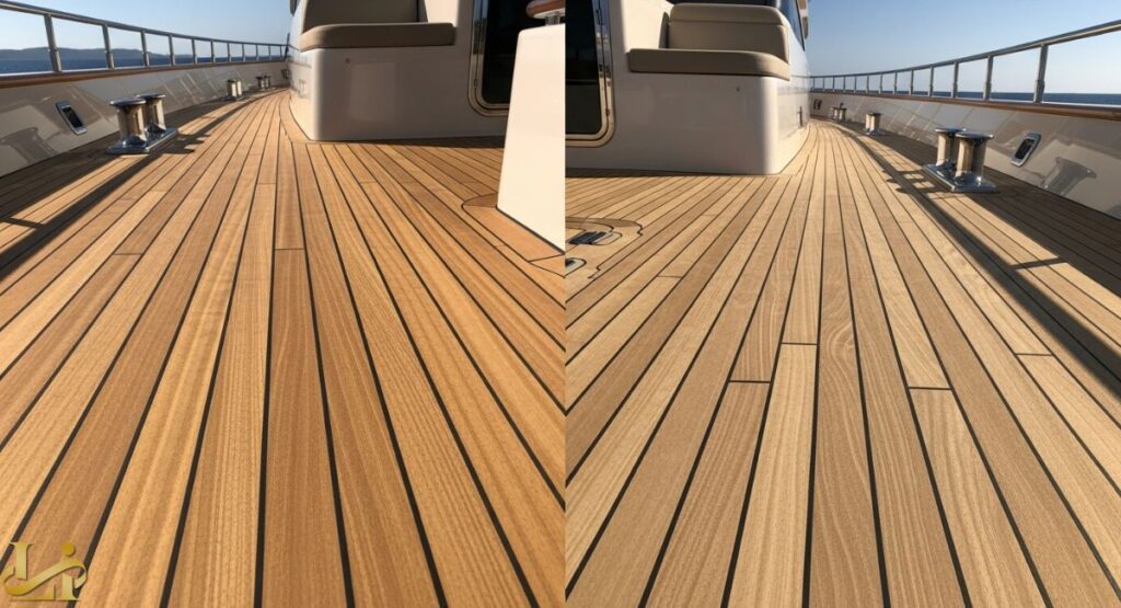 A split image comparing two sections of a luxury yacht deck, both laid with wood planking, featuring a subtle difference in grain and color to represent the comparison between old-growth teak and plantation teak. The deck leads toward the stern seating, with a polished stainless steel cleat visible on each side.