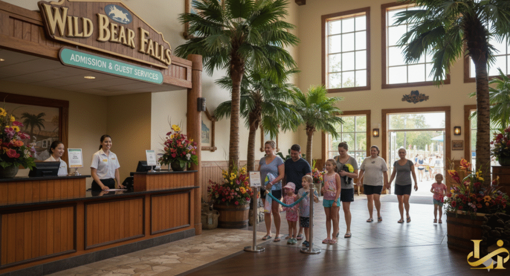 Inside a sunlit, glass-domed water park, children and adults float on yellow and blue inner tubes down a lazy river, with large red and blue water slides visible in the background, surrounded by tropical plants and palm trees.