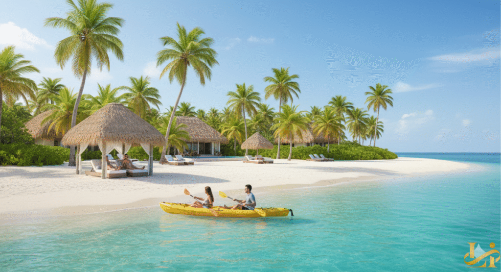 A couple paddles a yellow kayak in the shallow, clear turquoise water near a pristine white-sand beach. The background features thatched-roof beach huts and lounge cabanas nestled beneath tall, lush palm trees, representing an exclusive island retreat.