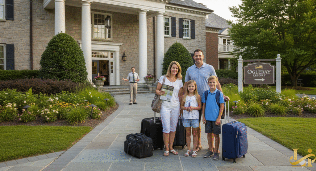 A smiling family of four standing on the walkway in front of the stately, colonial-style main lodge of Oglebay Resort, with their luggage, ready to check in, and a resort staff member greeting them at the entrance.