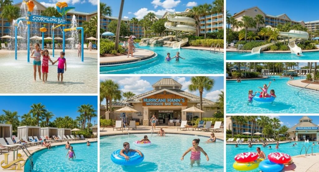 A collage of seven images depicting the Stormalong Bay pool area at Disney's Beach Club Resort, showing children playing in the splash pad, people swimming and floating in the lazy river, the resort's water slides, and the "Hurricane Hann's Waterside Bar & Grill.