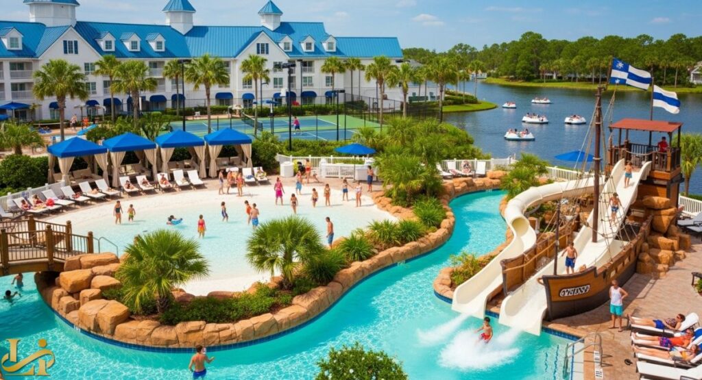 An aerial view of the massive Stormalong Bay pool complex at Disney's Yacht Club Resort, featuring a lazy river, a sandy bottom area, a water slide modeled after a sunken ship, and a resort building with blue roofs in the background.