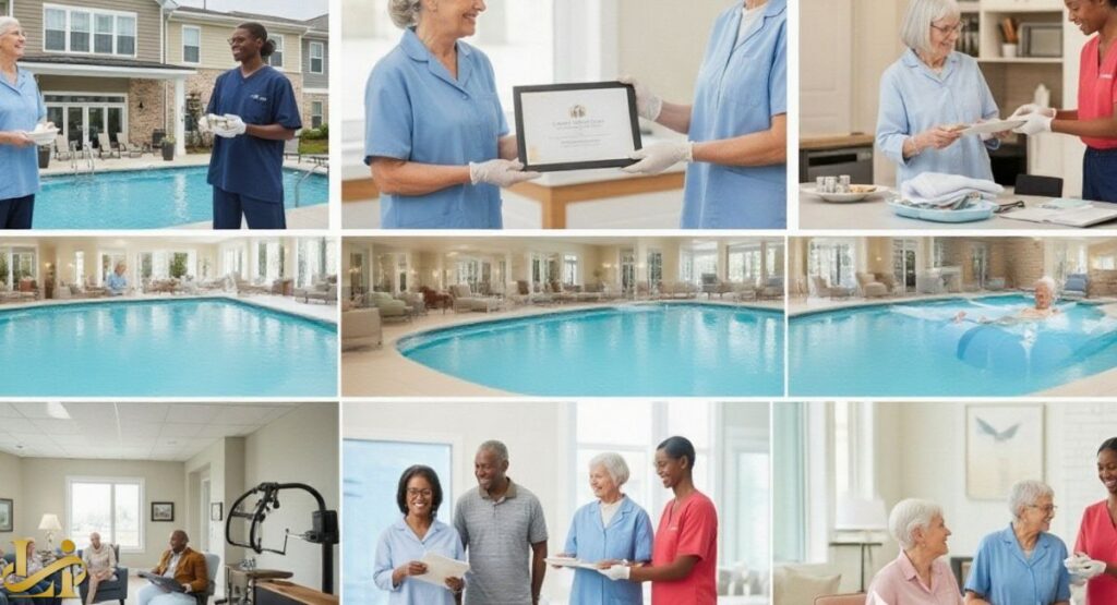 Luxury Nursing Homes in Singapore : A nine-panel collage showing various aspects of a luxury senior living community. Images include: a staff member assisting an elderly resident with paperwork; a close-up of a staff member presenting a framed certificate; staff and residents by an outdoor pool; a large indoor swimming pool; elderly residents swimming in a therapeutic pool; a fitness room with an elderly man and woman; staff members discussing documents with a couple; and staff interacting with smiling elderly residents.