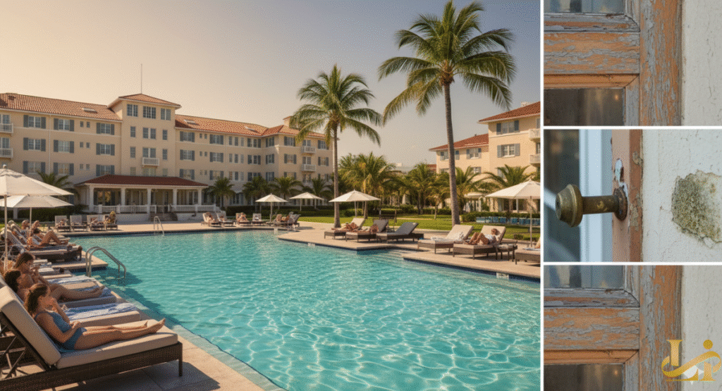 A two-part image: The left side shows a sunny, rectangular swimming pool surrounded by lounge chairs, palm trees, and the Casa Marina resort's historic buildings. The right side is a vertical collage of three close-up details showing maintenance issues: peeling paint on a wooden door frame, a tarnished brass doorknob, and a patch of damage on a stucco wall.