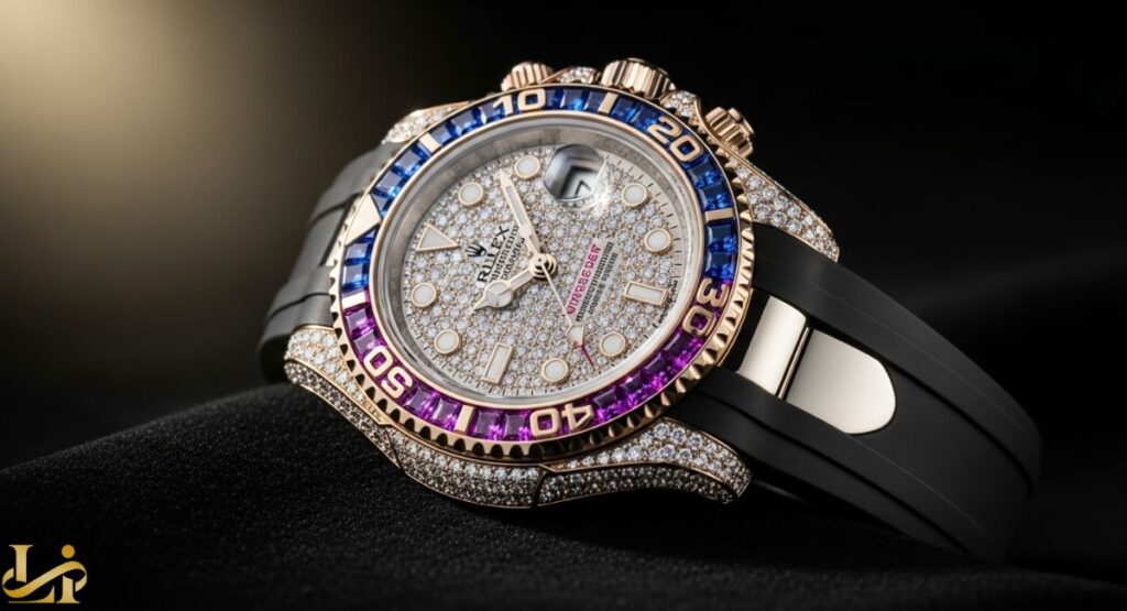 A close-up of the Rolex Yacht-Master 40 (Ref. 126679SABR), a highly glamorous, gem-set timepiece in white gold with a paved diamond dial, and a bezel set with a mix of diamonds and sapphires in blue, pink, and purple, all mounted on a black Oysterflex bracelet.