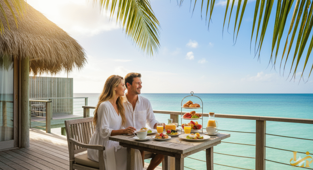 Two massage tables are set up under a luxurious, thatched-roof gazebo draped with white curtains on a wooden deck, overlooking the incredibly clear turquoise ocean at sunset, creating a signature spa experience at the Little Palm Island Resort or similar private island escape.