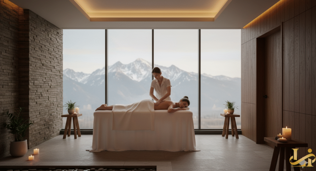 A serene mountain-view spa treatment room at Gaylord Rockies Resort with a stone accent wall, natural wood paneling, and a large window overlooking snow-capped peaks. A therapist is giving a back massage on one of the tables, emphasizing relaxation and wellness.