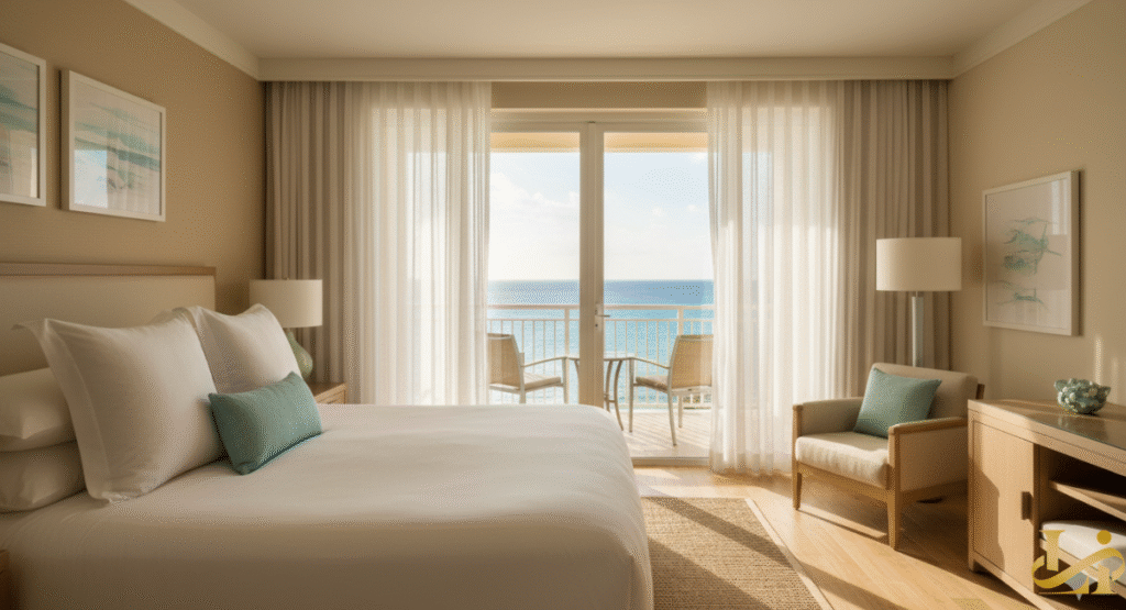 A bright, tranquil hotel room with a king-size bed, white bedding, and light blue accent pillows. French doors open to a private balcony with two chairs and an unobstructed view of the turquoise ocean under a sunny sky.