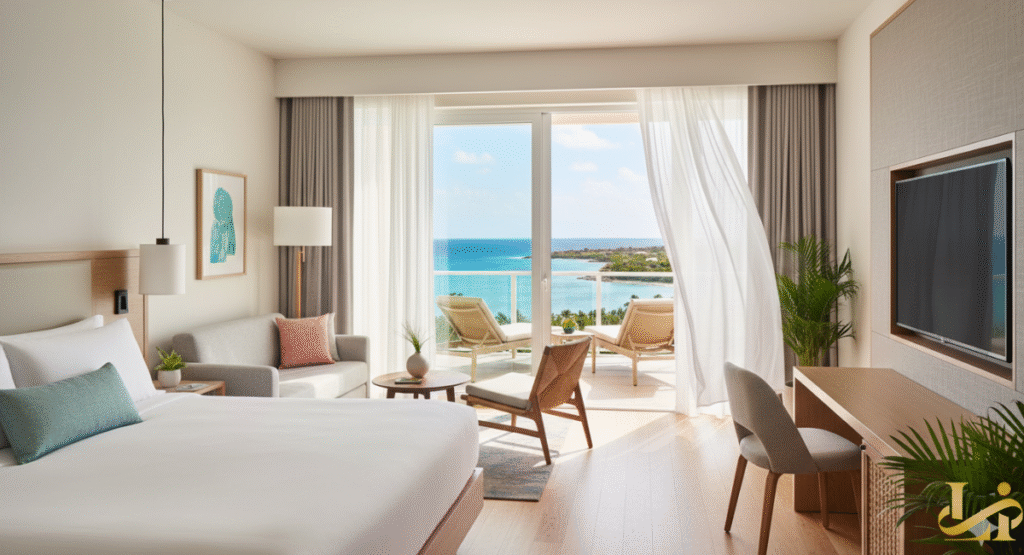 A bright, modern guest room at the Curaçao Marriott Beach Resort with a king bed, desk, and sliding glass doors leading to a private balcony with lounge chairs and a stunning view of the turquoise Caribbean Sea.
