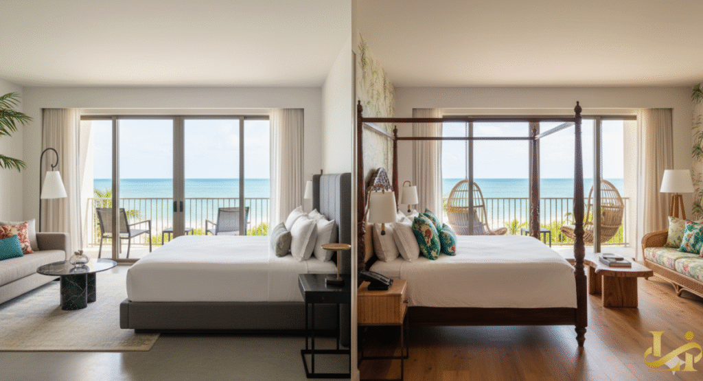 The expansive, sunlit lobby of a beachfront resort with white marble floors, floor-to-ceiling windows, and tropical plants. Guests are checking in at the front desk and relaxing on plush couches while a bellhop moves luggage, showcasing a high-end arrival experience.