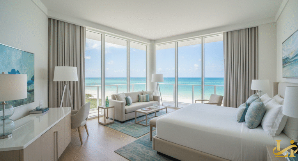 An aerial view of the Isla Bella Beach Resort, built on a narrow island strip with the Overseas Highway passing through. The white resort buildings are surrounded by palm trees and two arcs of white-sand beach meeting the vibrant turquoise water at sunset.