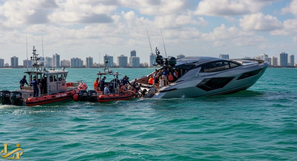 A gray and black Tecnomar for Lamborghini 63 yacht partially submerged or grounded near Miami Beach, with two smaller Coast Guard or rescue inflatable boats attending to the vessel and passengers in the water.