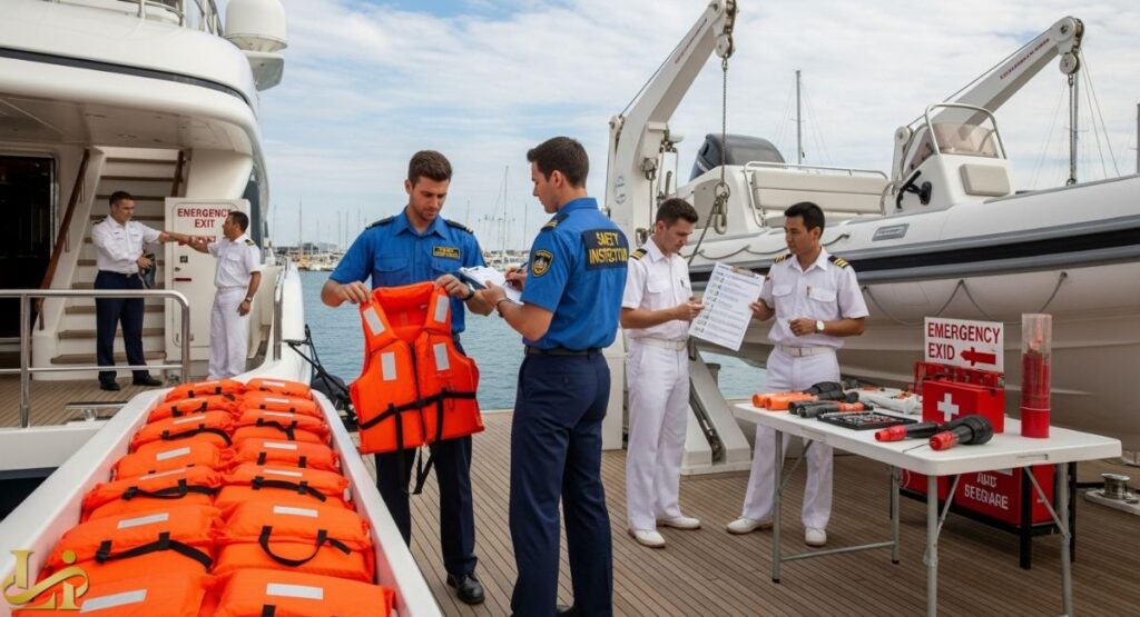 A group of yacht crew members conducting a safety inspection drill on the deck of a superyacht. Two crew members in blue shirts with 'Safety Instructor' patches examine an orange life jacket while others in white uniforms check a checklist and inspect emergency equipment, including a red box labeled 'Emergency Exit' and 'First Aid Salvage'.