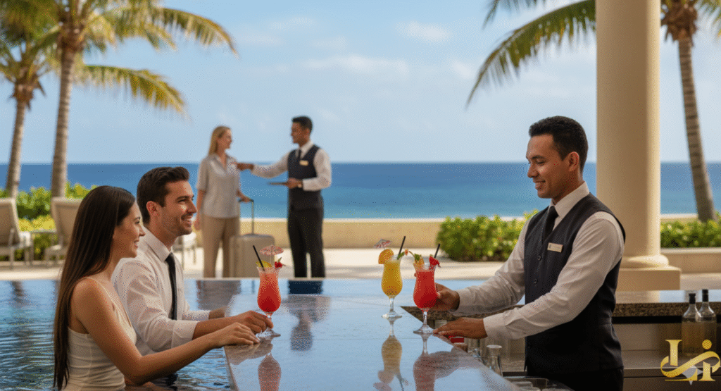 A friendly bartender serves two colorful cocktails to a smiling couple sitting at a swim-up bar against the backdrop of the turquoise ocean and palm trees. In the background, a hotel staff member assists another guest with luggage.