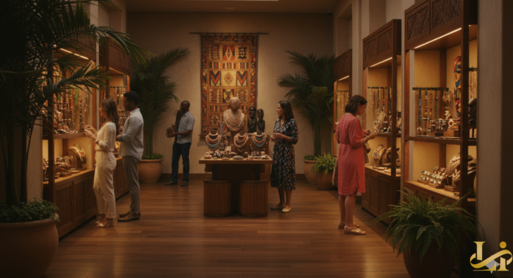 An indoor retail space at a Kalahari Resorts property, themed with African decor, showcasing various jewelry and merchandise in lit display cases and on a central table, with several guests browsing the items.