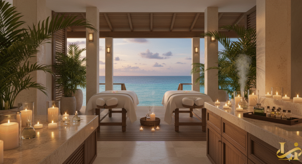 An interior view of a luxury spa treatment room with two massage beds opening to a covered ocean view balcony at sunset, featuring numerous candles and tropical plants, creating a deeply relaxing and sensory wellness atmosphere.