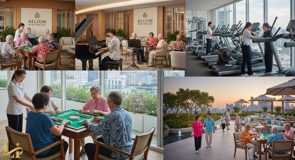 Luxury Nursing Homes in Singapore : A four-panel collage showcasing a high-end senior living facility in Singapore. The panels show elderly residents playing mahjong, enjoying a piano and music performance in a lounge, using exercise equipment in a modern fitness center, and socializing while walking on a rooftop terrace overlooking a city skyline at sunset.
