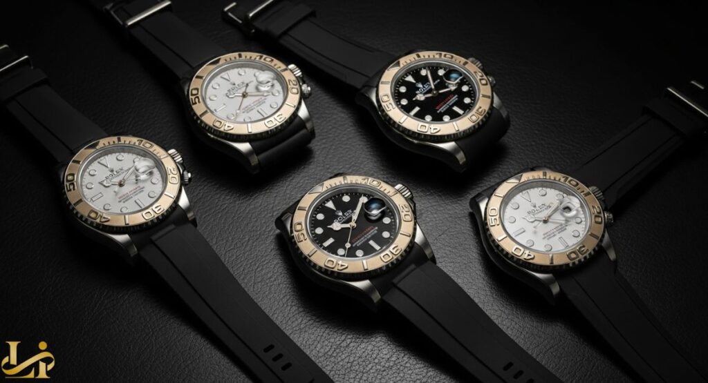 Five Rolex Yacht-Master watches in various configurations—featuring a mix of black and white dials, and Everose gold (pink gold) or white gold bezels on a black Oysterflex rubber strap—are displayed against a dark background, highlighting the key models in the Yacht-Master on Oysterflex line.