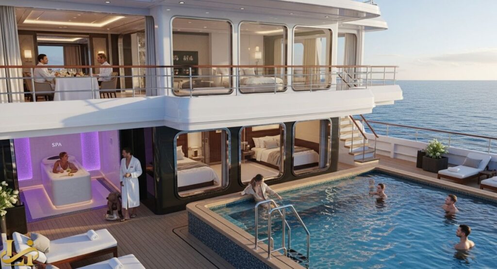An exterior view of a luxury yacht from The Ritz-Carlton Yacht Collection, showing a lower deck with a pool and an adjoining indoor spa area with a soak tub, and an upper deck featuring dining and private suite balconies.