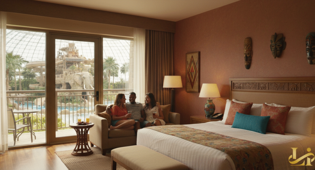 An African-themed hotel room at Kalahari Resorts with a king-sized bed, decorative masks on the wall, and a view through large sliding glass doors of the indoor waterpark dome, where three people are seated on a sofa.