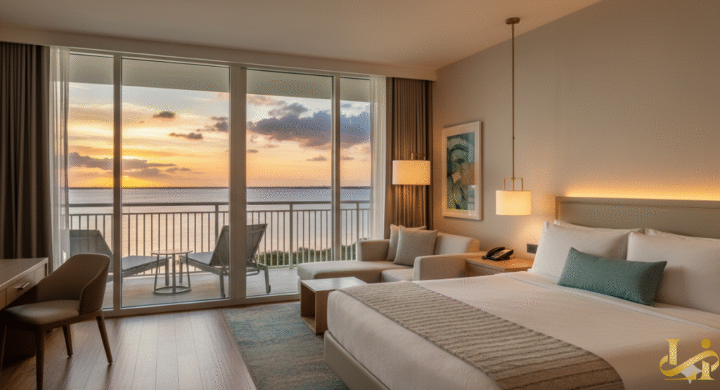 A luxurious, modern resort room with a comfortable king bed, contemporary furniture in neutral and teal tones, and a private balcony overlooking a harbor sunset, representative of the stunning accommodations at the Sunseeker Resort on Charlotte Harbor.