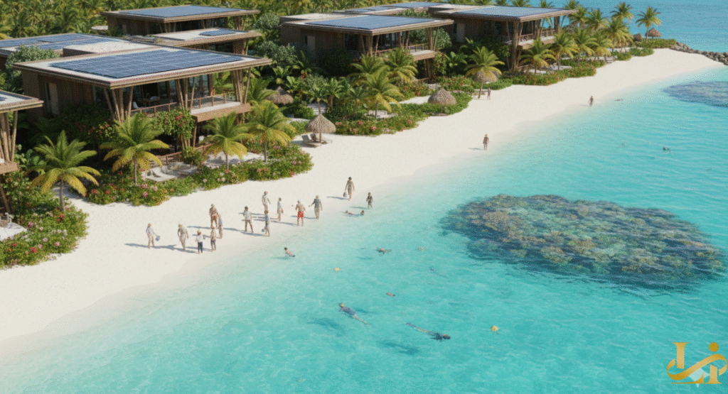 An evening view of tiered, luxurious wooden log cabins built on a mountain slope, with illuminated balconies and a stone fire pit area. The cabins overlook layers of misty Smoky Mountains and a colorful sunset in the distance.
