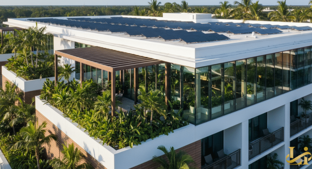 An exterior view of a modern, multi-story resort building featuring extensive solar panels on the roof and lush, green plantings on the terraces and balconies, showcasing the building's eco-friendly design and sustainable luxury.