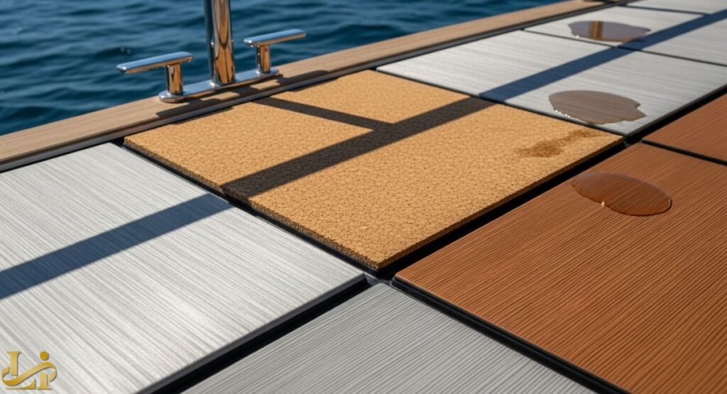 A close-up view of various synthetic yacht decking options, including square samples of gray and brown striated PVC or composite material, and a textured cork material at the center, all with water droplets on them to demonstrate water resistance. A shiny metal railing and dark blue ocean water are visible in the background.