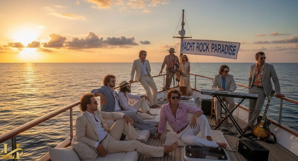 A group of people, dressed in stylish 70s-era leisurewear, are relaxing and posing on the bow of a wooden-decked yacht at sunset. A banner reading "YACHT ROCK PARADISE" is attached to the mast, and a man is playing a keyboard, visually representing the fantasy and appeal of the Yacht Rock music genre.