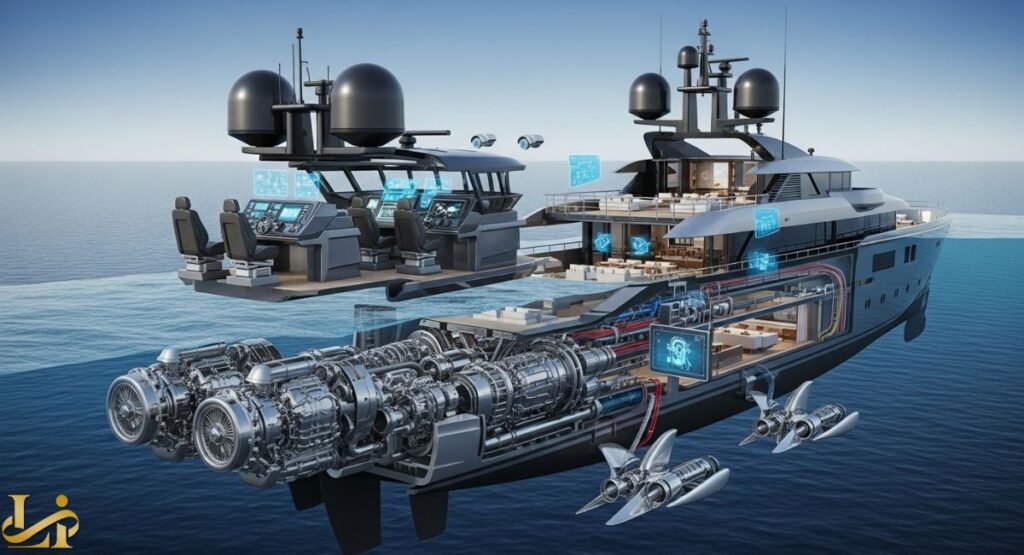 A detailed, cutaway illustration of a large, modern superyacht, highlighting its advanced technology and engineering. The image shows a complex propulsion system with multiple engines and propulsion units in the lower hull, a sophisticated bridge with control panels and multiple seats, and an interior with luxurious living spaces and internal systems displayed via holographic screens.