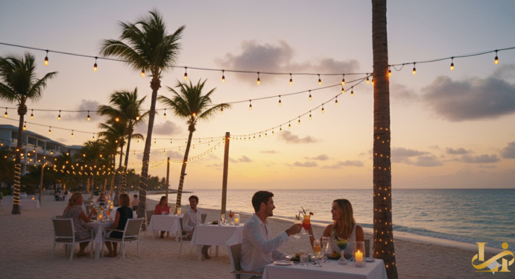 A long, pristine white-sand beach with a row of palm trees and elegant white cabanas lining the shore. The clear turquoise water is perfect for water sports, with people enjoying kayaking and paddleboarding under a bright blue sky.