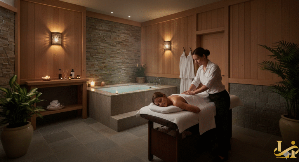 An interior view of the Auberge Spa at Primland Resort, where a woman is receiving a massage on a treatment table in a serene, dimly lit room with stone and wood paneling, an elevated soaking tub, and potted plants.