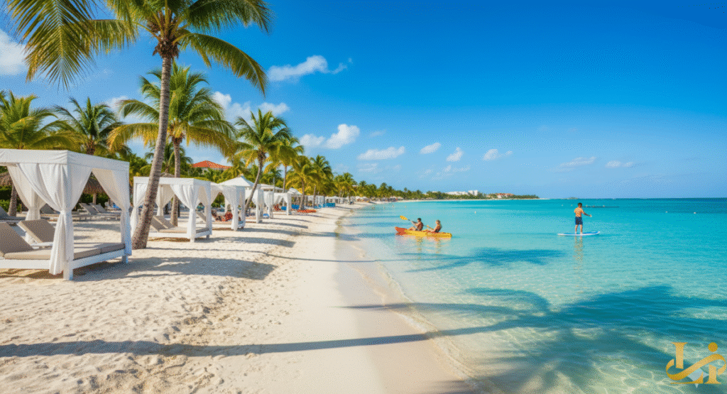 A long, luxurious buffet of colorful fresh salads and fruits is set up along the edge of an infinity swim-up pool bar, with guests in the pool and at outdoor dining tables, showcasing the all-inclusive dining experience at Blue Haven Resort or a similar Caribbean property.