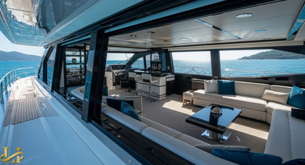 The sleek and luxurious interior of the Tecnomar for Lamborghini 63 yacht, featuring a modern white and black bar, light-colored sofas, and a clear view of the open ocean from large windows.