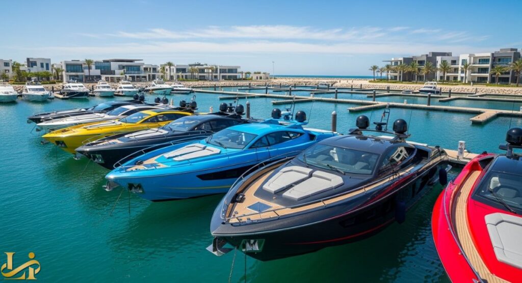 A lineup of luxury yachts, including several Tecnomar for Lamborghini 63 models in bright colors like red, blue, black, and yellow, moored side-by-side in a marina with modern buildings and a clear blue sky in the background.
