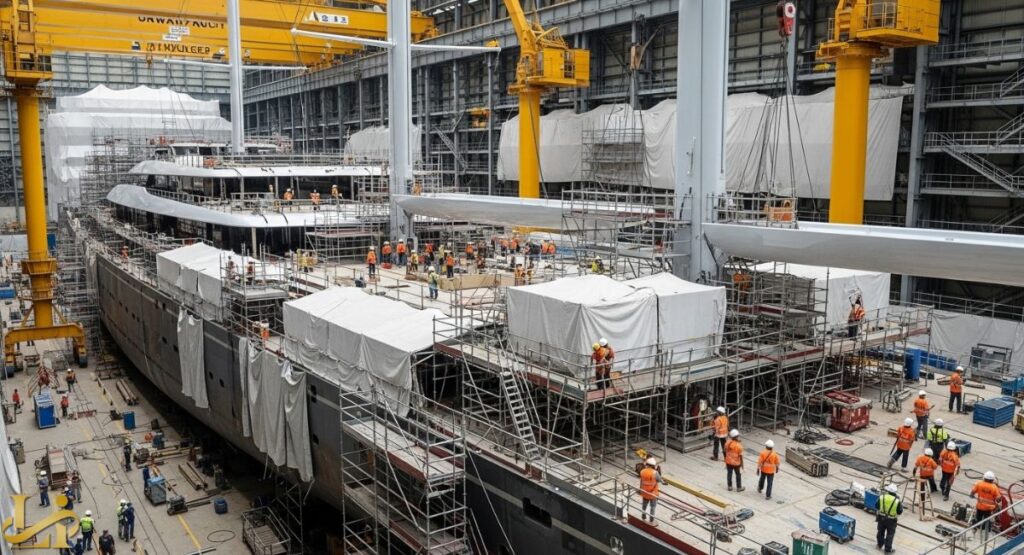 Jeff Bezos Yacht Koru : A high-angle view inside a massive shipyard or dry dock, showing the multi-deck structure of the Koru sailing superyacht under construction, surrounded by scaffolding, construction workers in orange safety vests, and large yellow gantry cranes, illustrating the scale and secrecy of its building process.