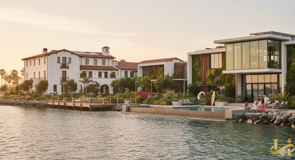 A beautiful waterfront view of the San Diego Mission Bay Resort, showcasing contrasting architecture with a white Spanish Colonial building and a modern glass structure with a living wall. Guests relax near a pool and a wooden pier on the edge of the calm bay water.