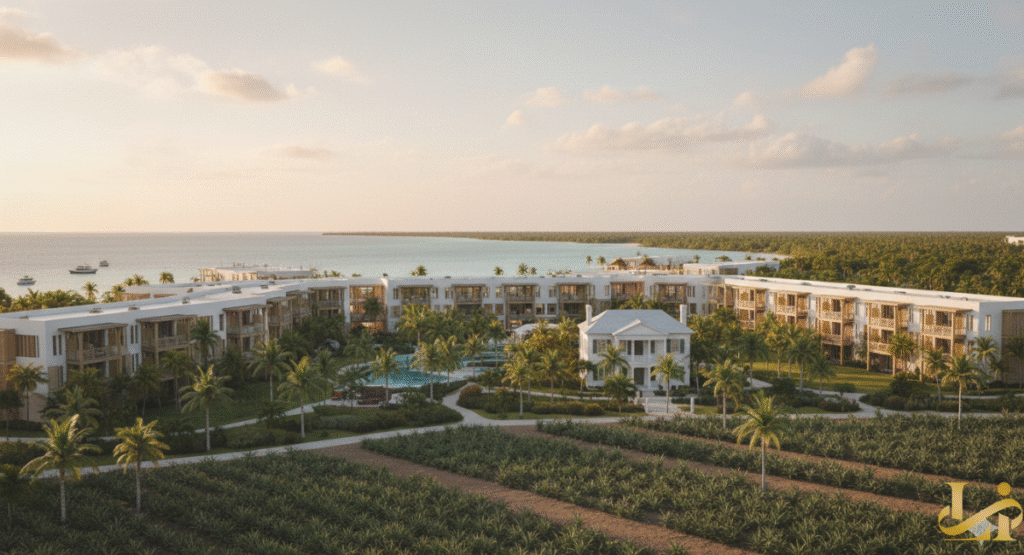 A couple enjoys cocktails by a stylish, marble-top bar next to an infinity pool overlooking the ocean at sunset, with private cabanas and lush palm trees visible in the background, showcasing the exclusive luxury amenities at Baker's Cay Resort Key Largo.