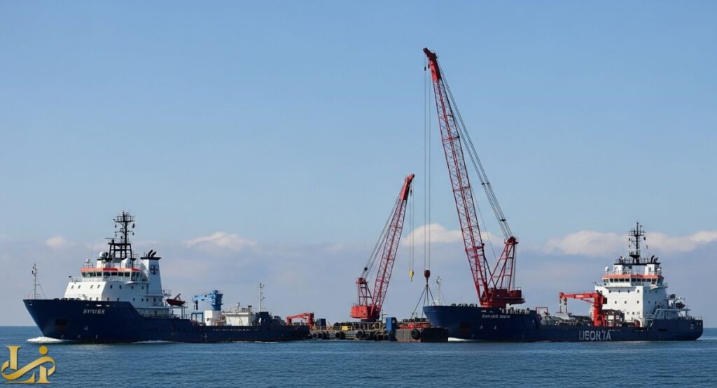 Lifting Bayesian yacht : Two large blue salvage vessels or barges, one named "HEBO LIFT 2" (or similar letters) and the other with a name starting "SY", are connected in the open water. The vessel on the right features a prominent red heavy-lift crane, representing a major offshore recovery operation.