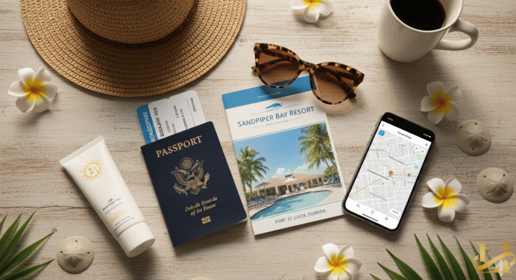 A flat lay arrangement of essential vacation items, including a straw hat, sunscreen, a US passport with a boarding pass, an information booklet for Sandpiper Bay Resort, tortoiseshell sunglasses, a mug of coffee, and a smartphone displaying a map application.