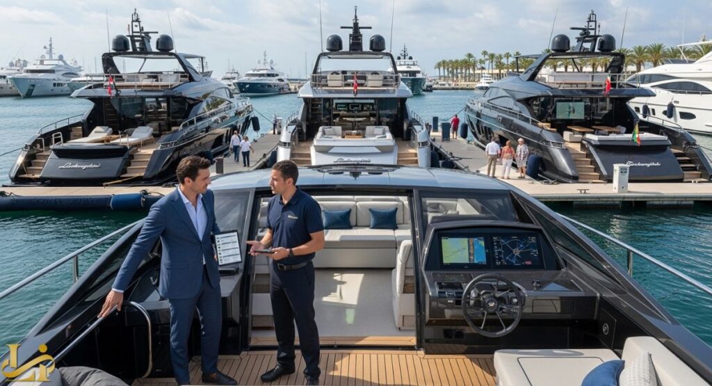 A Tecnomar for Lamborghini 63 yacht sales consultation underway in a marina, showing two men discussing details on a tablet in the cockpit of a yacht, with two other, larger yachts visible docked behind them in a sunny setting.