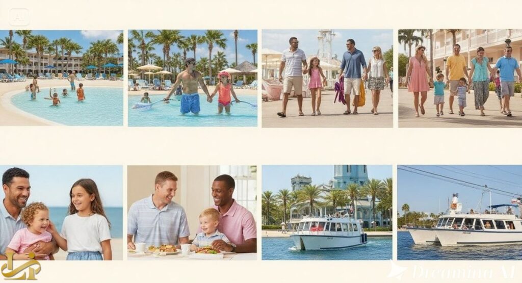 An eight-panel collage showing families enjoying a zero-entry pool, walking together, smiling on a beach, having breakfast, and taking resort transportation (water taxi and bus), offering various family vacation scenes.
