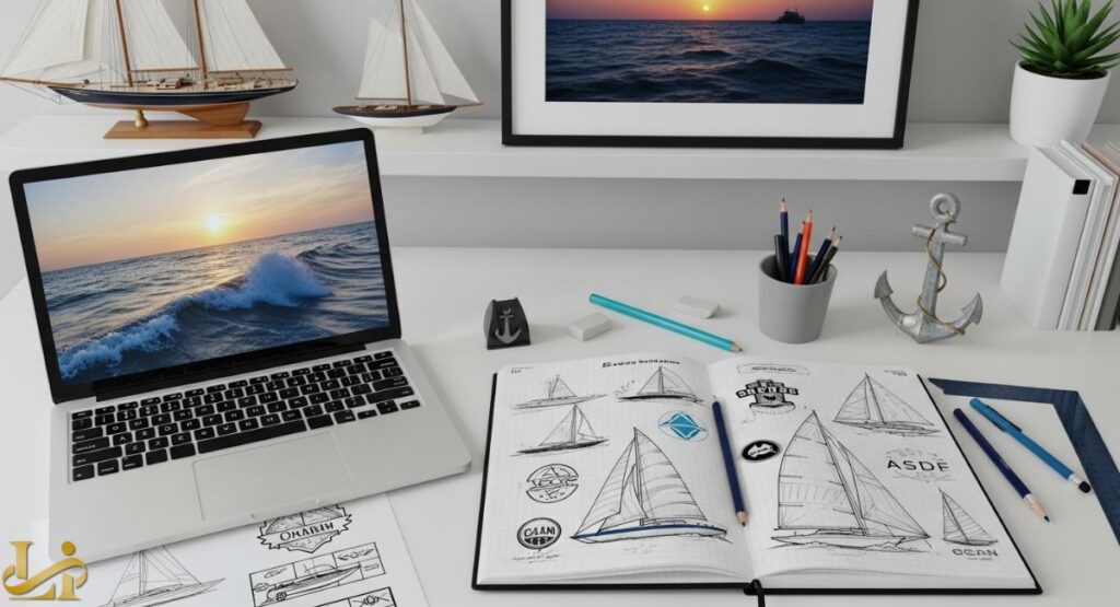 A clean, nautical-themed desk setup with a laptop showing an ocean sunset, a framed print of a ship at sea, two model sailboats, and various drawing tools like pencils, pens, and an anchor-shaped paperweight.