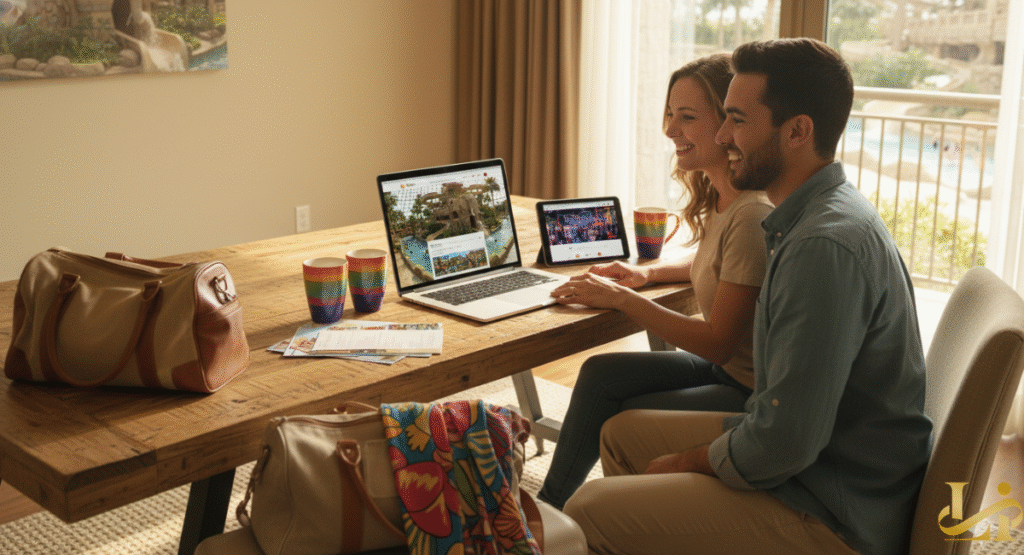 A happy couple sitting at a wooden table in their hotel room, planning a trip to Kalahari Resorts by looking at the resort's website on a laptop and tablet, with packed bags nearby and a view of a sunny outdoor area from the balcony.