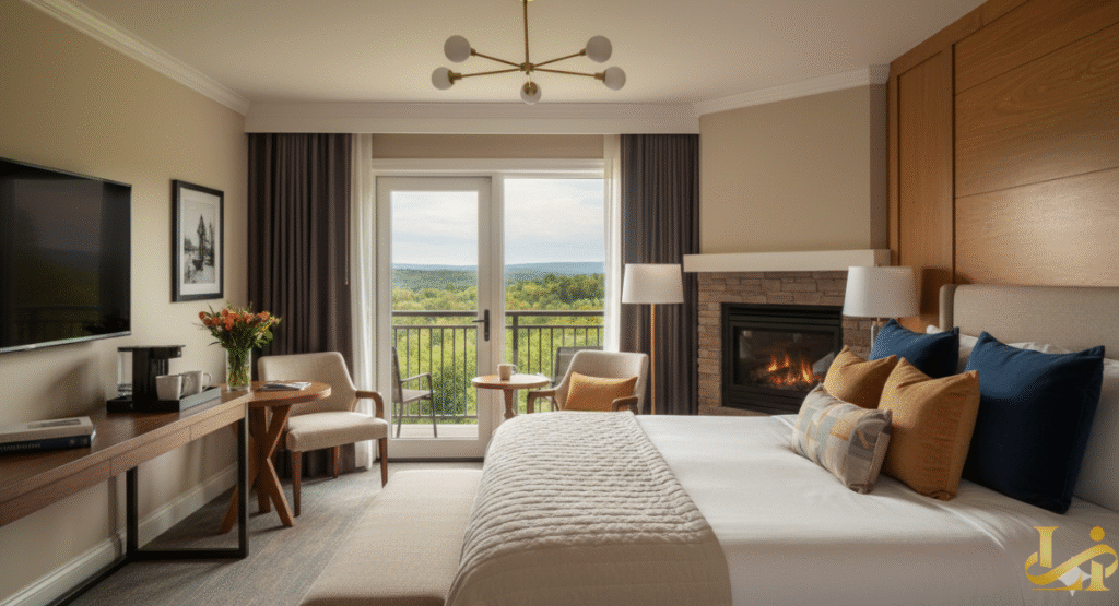 A beautifully furnished, modern guest room at Oglebay Resort featuring a king-sized bed, a stone fireplace, a flat-screen TV, and a balcony with a stunning view of the surrounding forested hills.