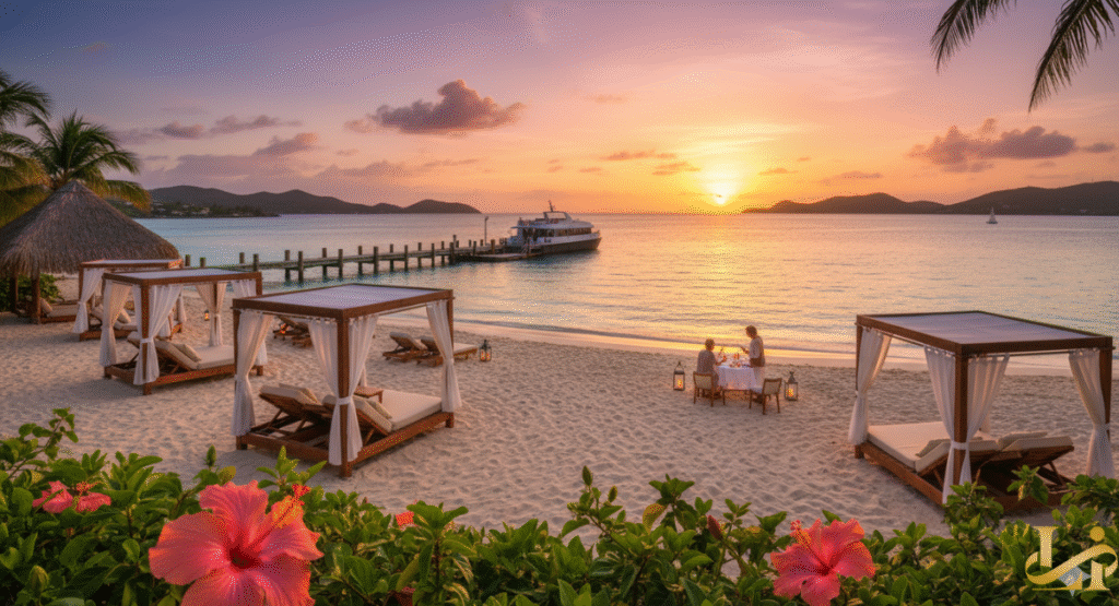 A romantic private island experience in the US Virgin Islands at sunset, featuring a sandy beach with canopied daybeds, a couple dining at a private table, a wooden pier, and a boat docked in the calm, orange-hued ocean.