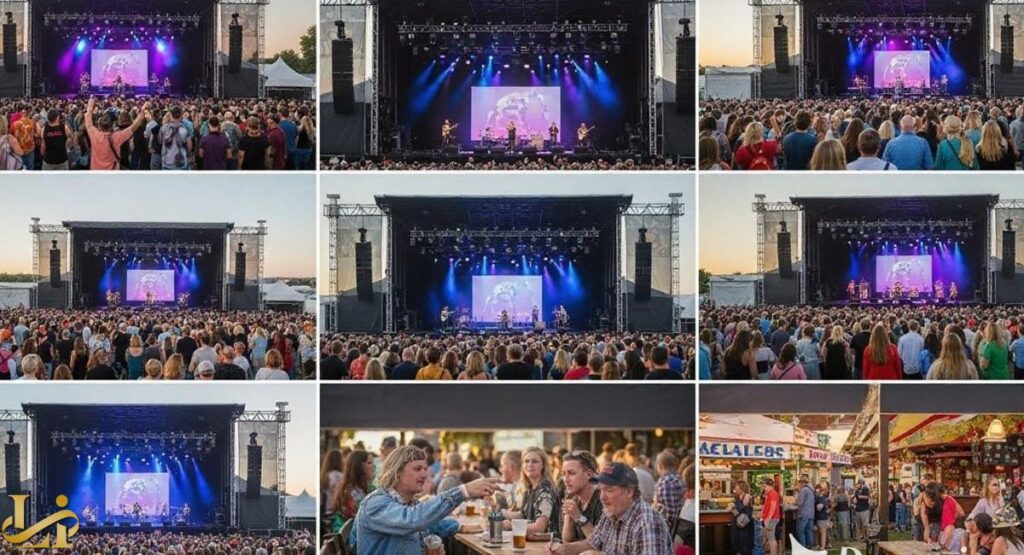 A nine-panel photo collage centered around live music performances at an outdoor festival. The majority of the images show a band on a brightly lit stage with a large screen, facing a massive crowd of concertgoers.